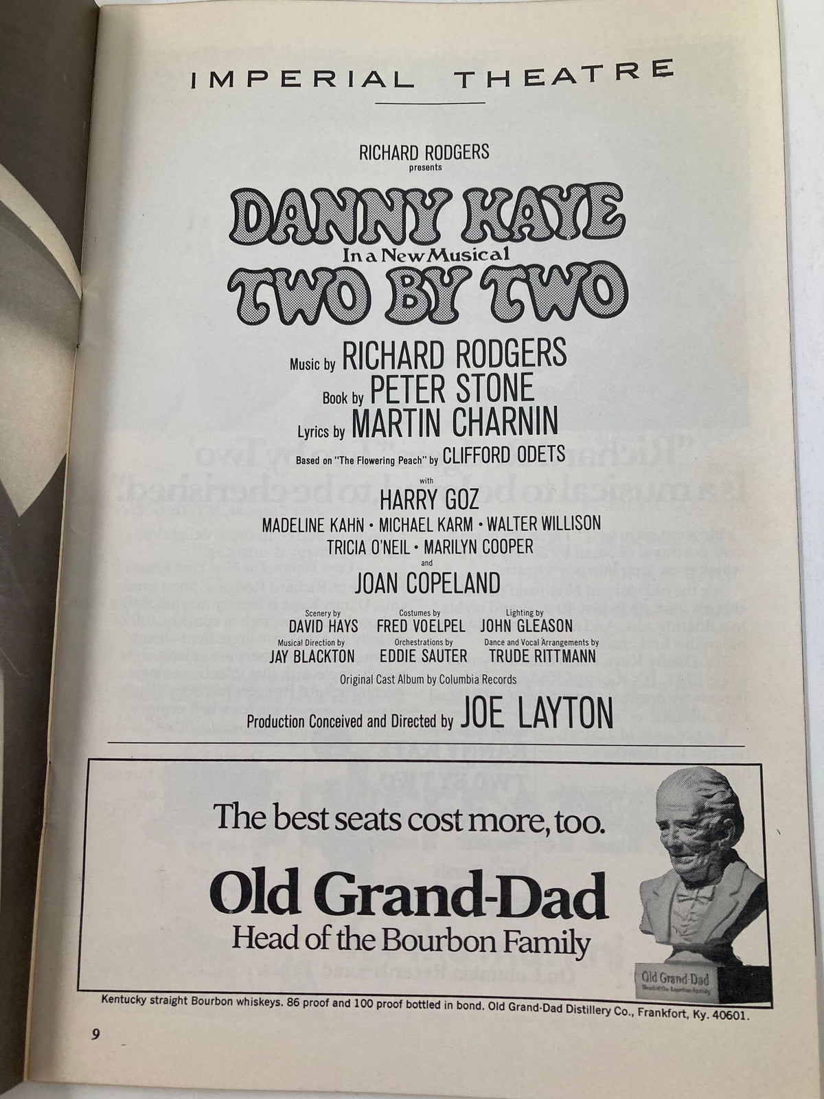 Advertisement page from the 1970 Playbill featuring Danny Kaye in 'Two by Two', highlighting the show's creative team and cast at the Imperial Theatre.
