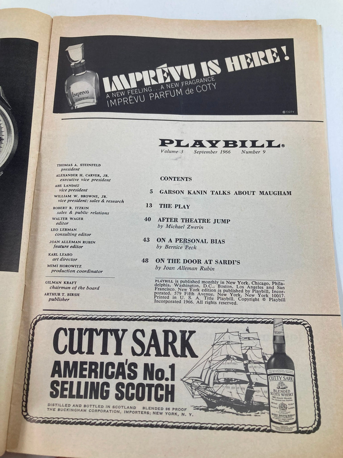 Interior page of the 1966 Playbill from the Broadhurst Theatre, including contents and advertisements related to the production 'Luv'.