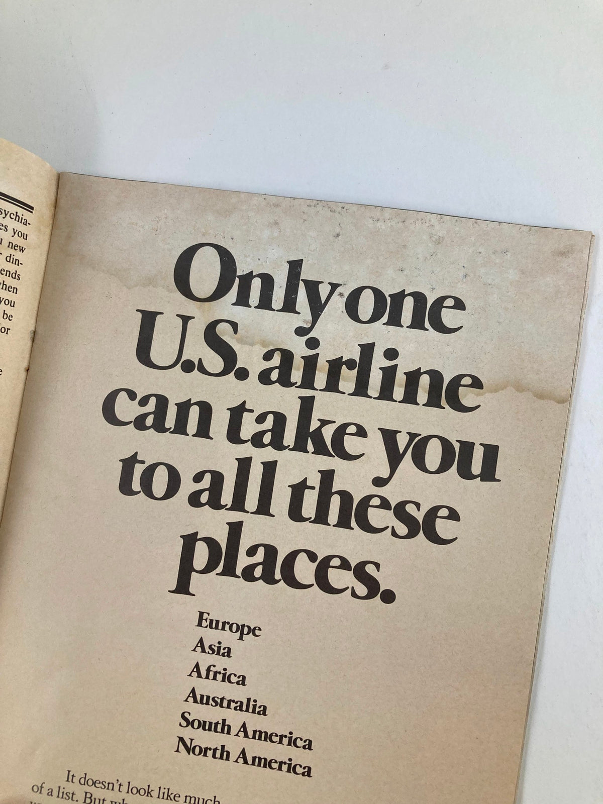 1975 Playbill from The Palace Theatre featuring text about U.S. airline travel destinations.