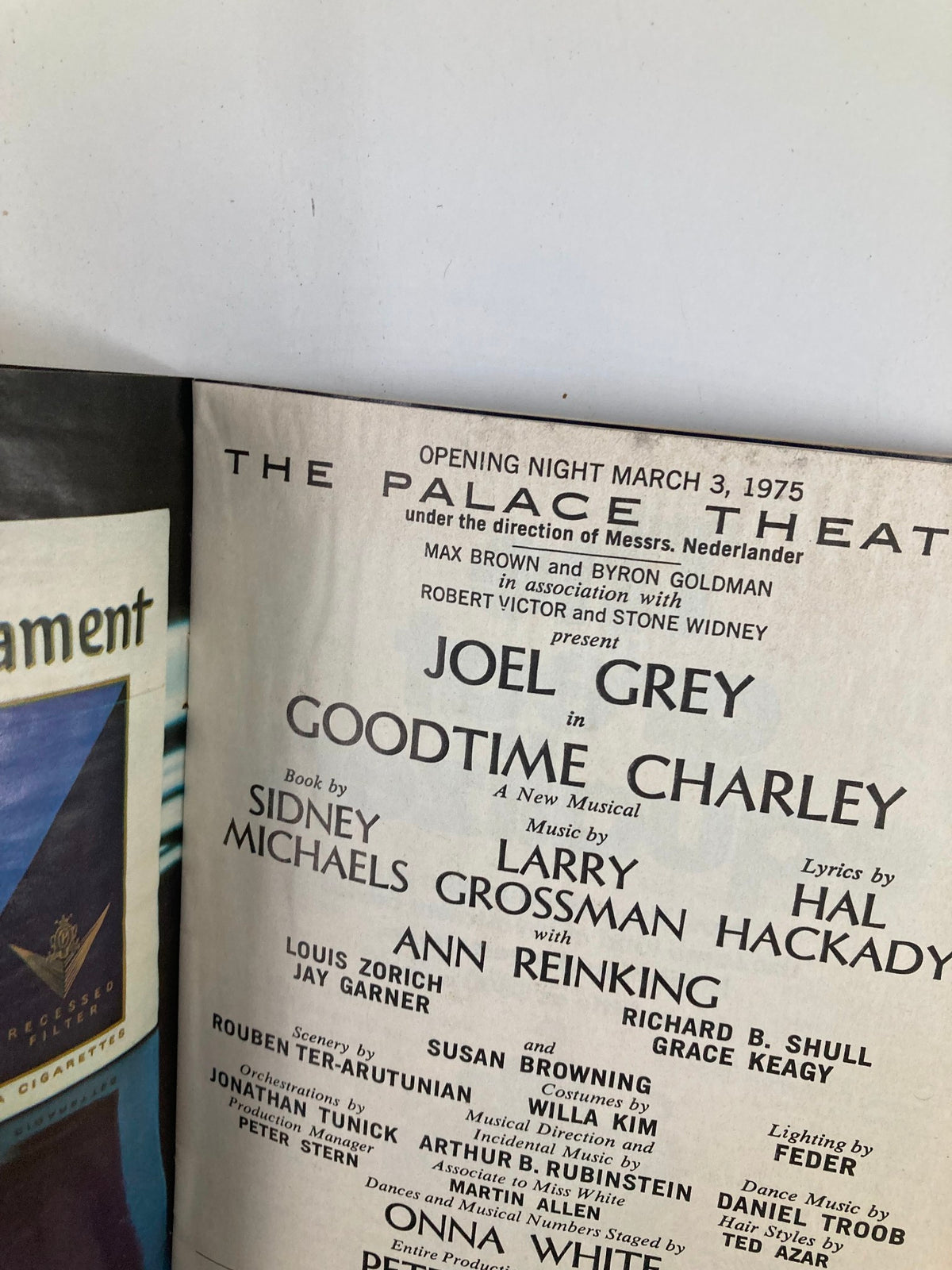 1975 Playbill from The Palace Theatre with opening night details for Goodtime Charley featuring Joel Grey.