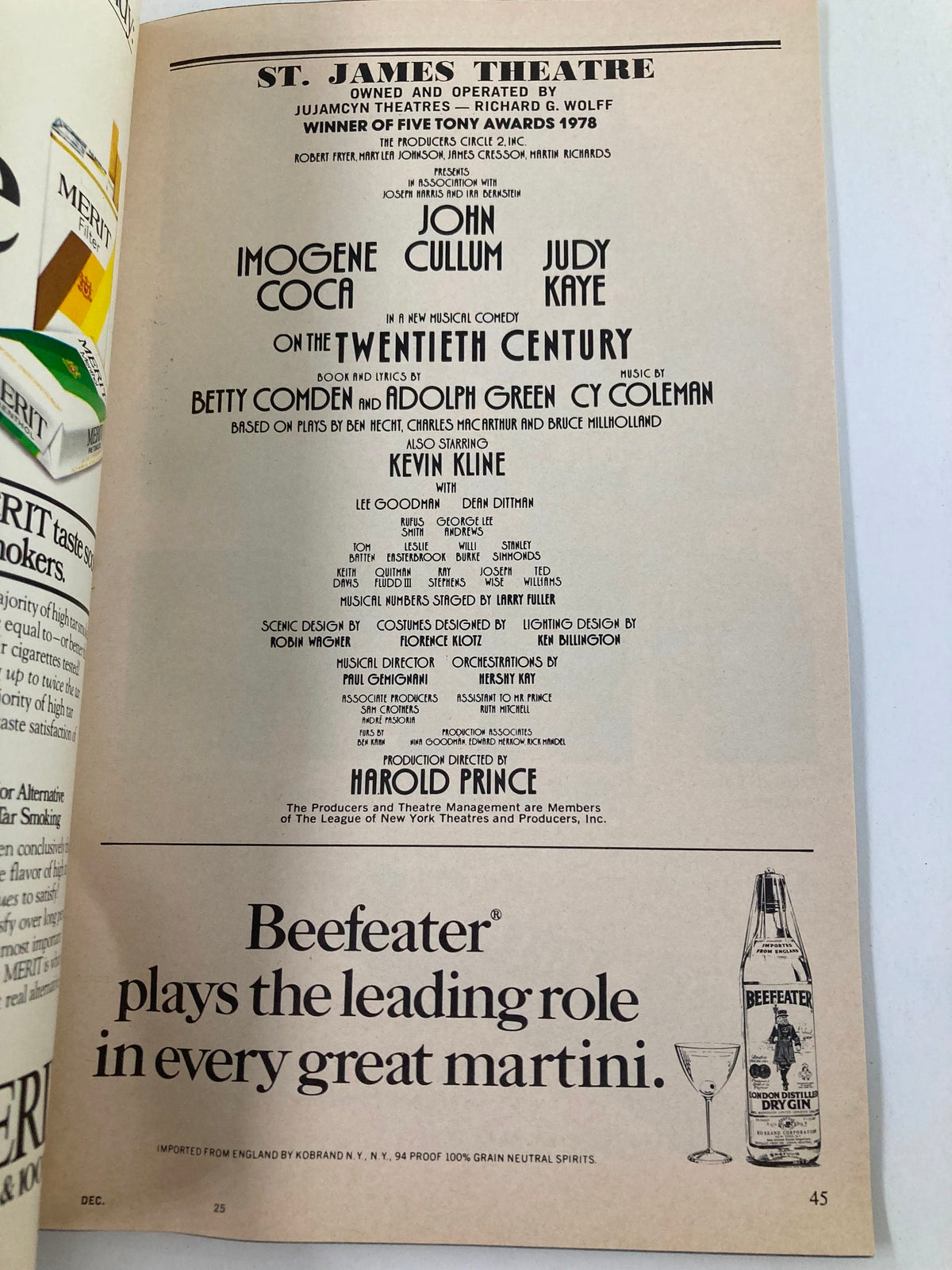 Another inside page of the 1978 Playbill from St. James Theatre listing cast members, including John Cullum, under the production 'On The Twentieth Century'.