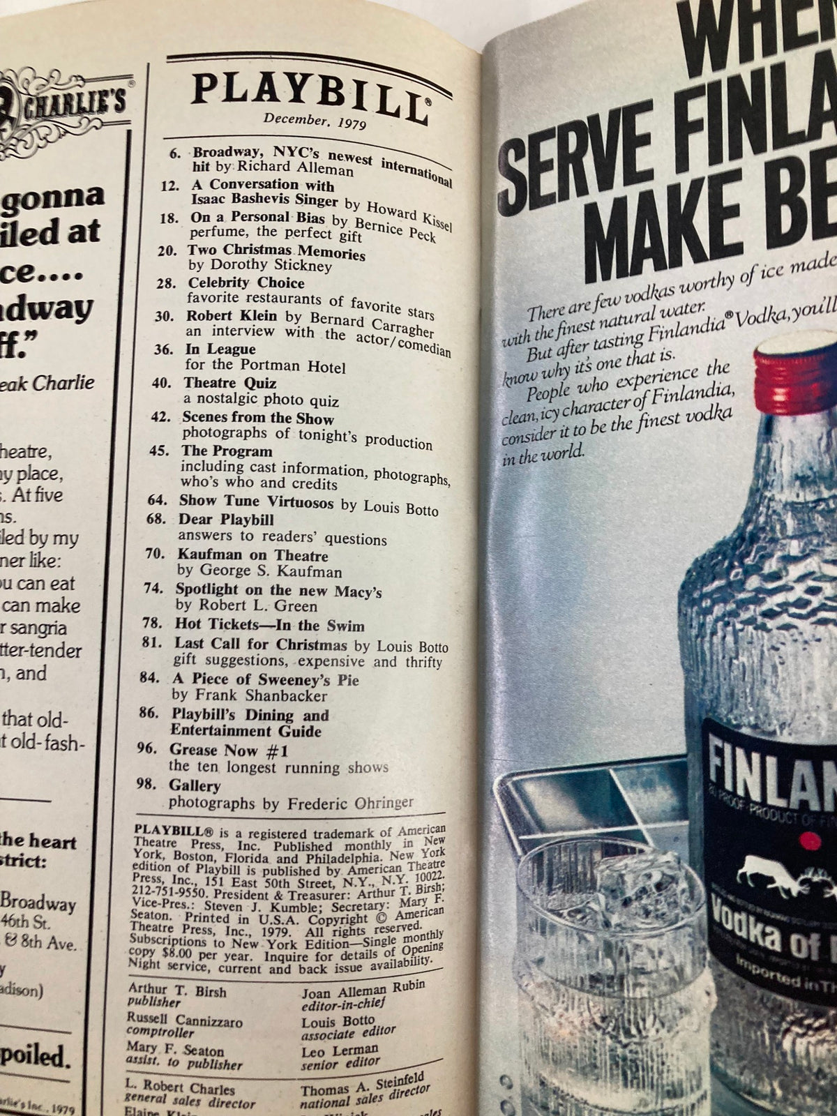 Inside view of the 1979 Playbill Anta Theatre for Night and Day, listing various performances and advertisements from December.