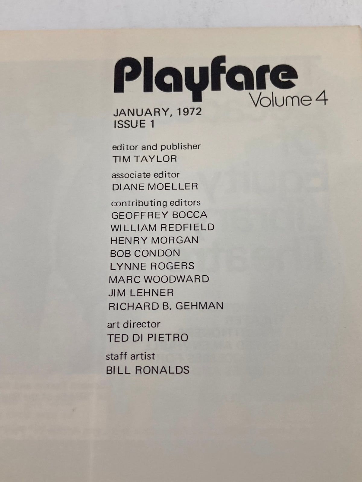1972 Playfare Volume 4 featuring the editorial details including Tim Taylor, Diane Moeller, and contributors like Geoffrey Bocca and William Redfield.
