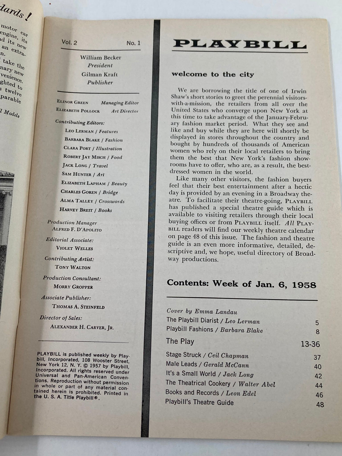 Interior page of the 1958 Playbill for The Booth Theatre featuring the editorial introduction and content listing of performances, showcasing the history of live theater.