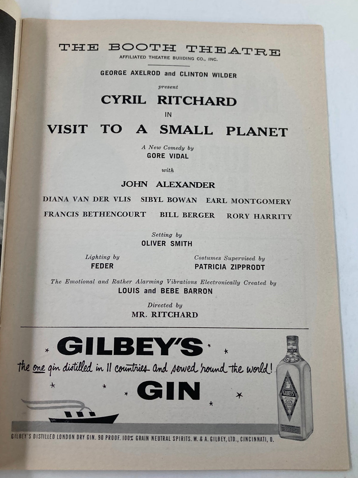 Page of the 1958 Playbill for The Booth Theatre announcing Cyril Ritchard in Visit To A Small Planet, highlighting cast details and production information of this theatrical performance.