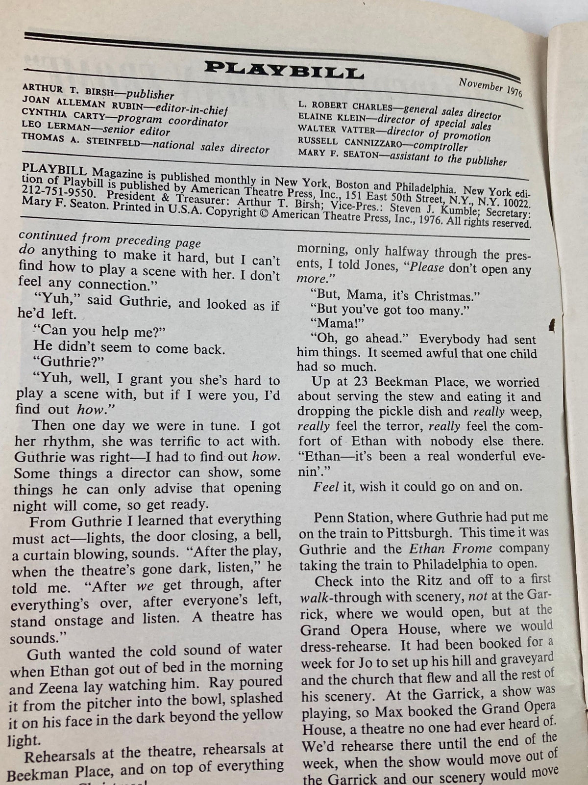 Internal page from the November 1976 Playbill for Godspell at Plymouth Theatre, featuring production notes and information about the magazine's editorial team.