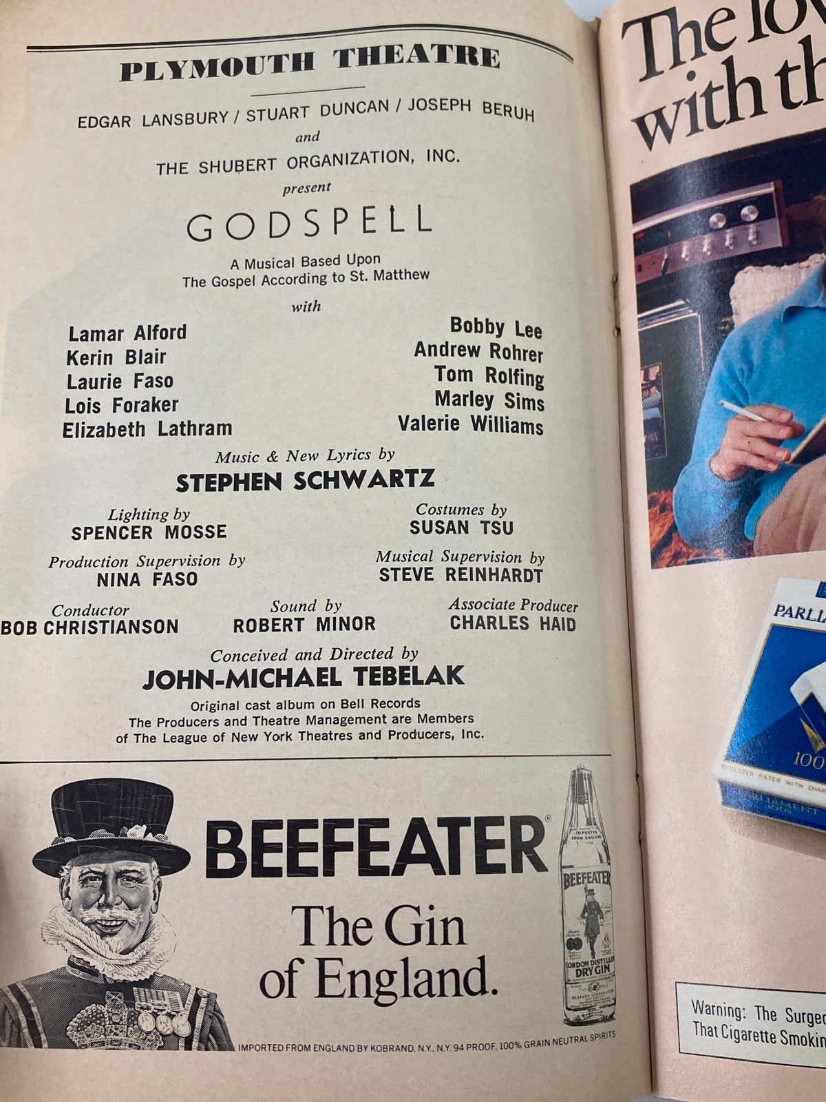 Cast list page from the 1976 Playbill for Godspell at Plymouth Theatre, detailing featured performers including Lamar Alford and Bobby Lee, along with production credits.