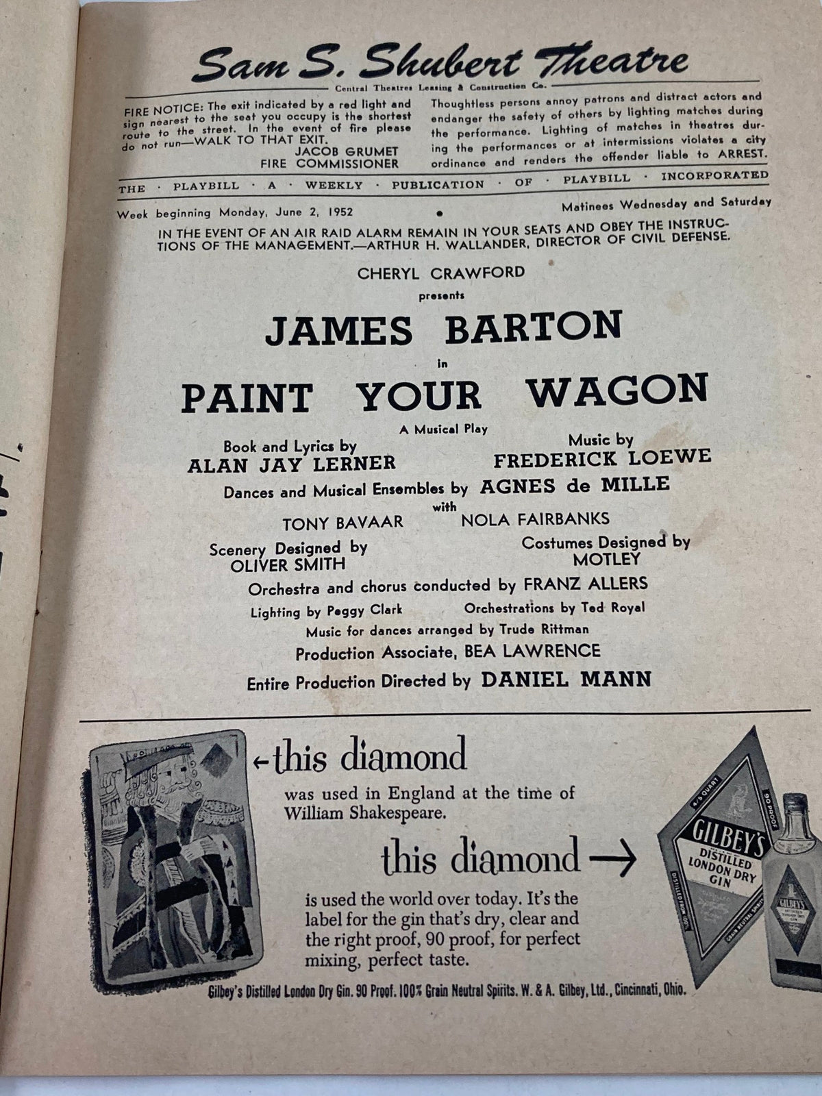 Inside page of the 1952 Playbill for Paint Your Wagon, detailing the production and cast information including James Barton, at the Sam S. Shubert Theatre.