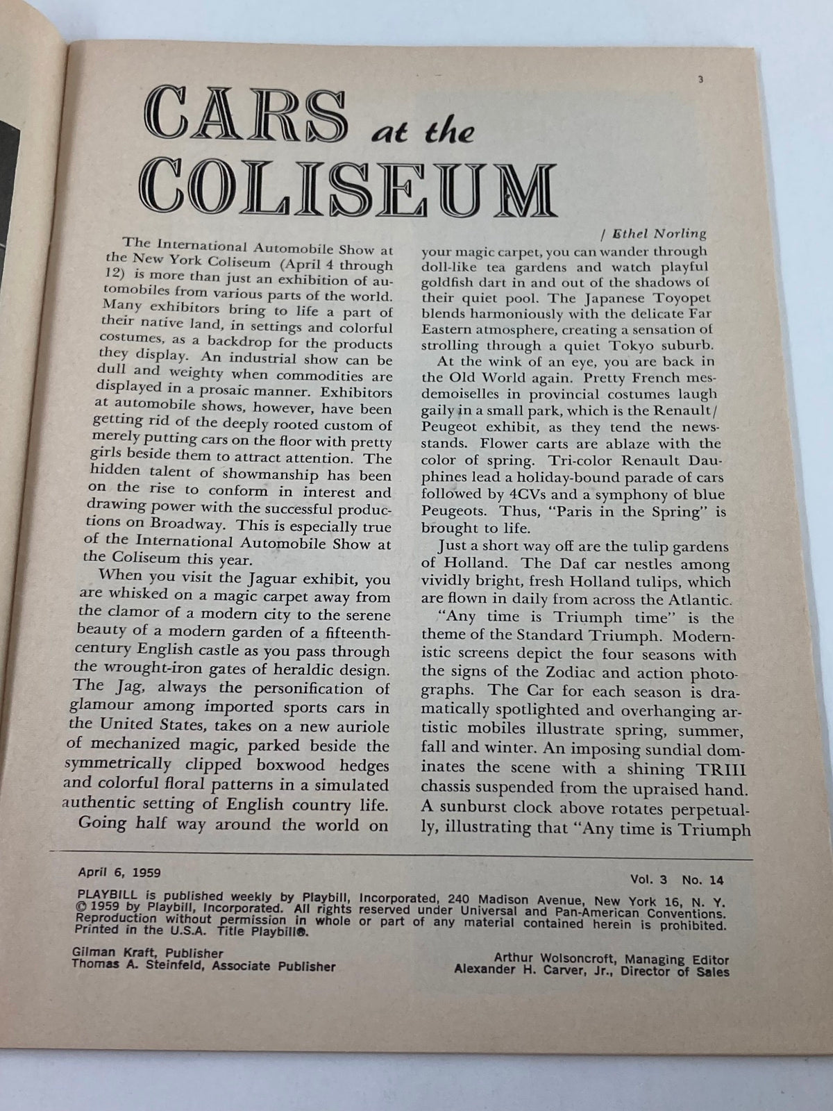 Inside page of the 1959 Playbill for the Metropolitan Opera Season 1958-1959 titled 'CARS at the COLISEUM' discussing an automobile exhibition.