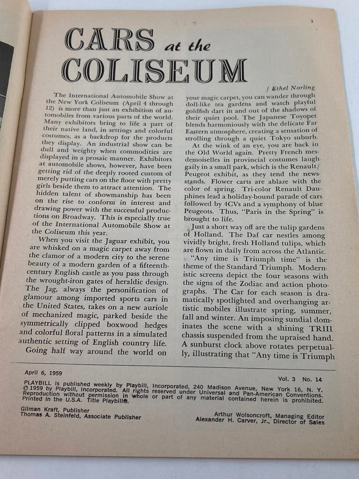 Inside page from the 1959 Playbill of the Metropolitan Opera Season 1958-1959 featuring an advertisement related to the 'Cars at the Coliseum' event.