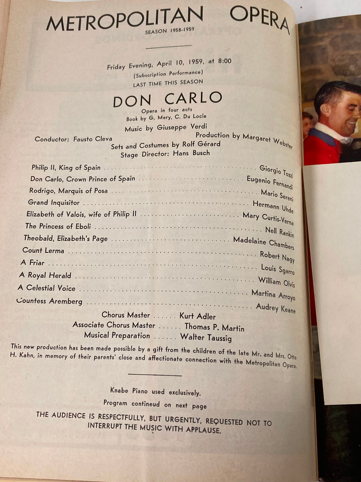1959 Playbill for the Metropolitan Opera Season 1958-1959 featuring Don Carlo, including details of the performance, conductor, and cast members.
