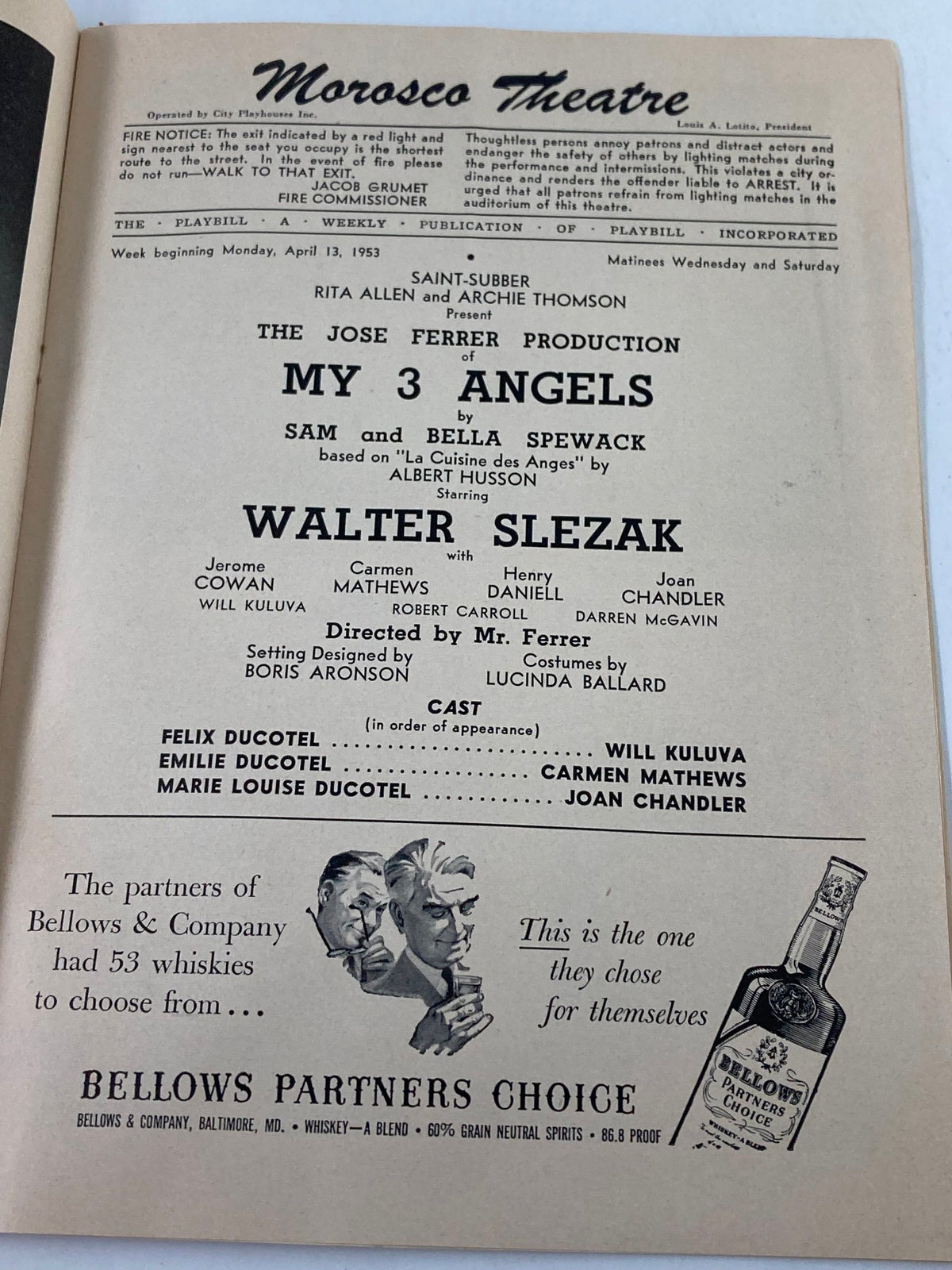 Inside view of the 1953 Playbill for the Morosco Theatre showing details of 'My 3 Angels' including cast information, production credits, and advertising.
