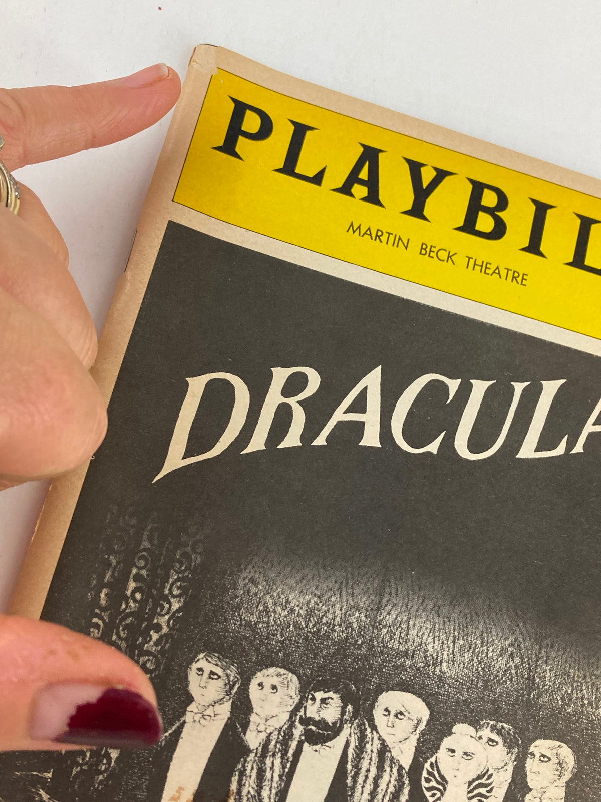 1978 Playbill for Dracula at Martin Beck Theatre showcasing the cover with hand pointing, highlighting the title.