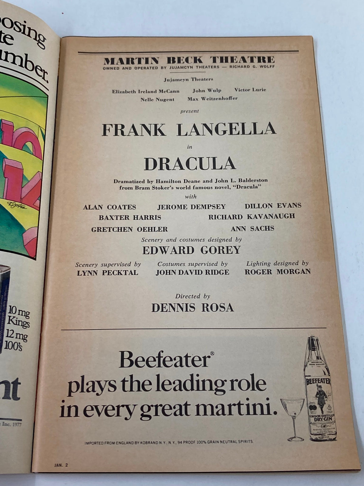 Inside page of the 1978 Playbill for Dracula at Martin Beck Theatre listing the main cast including Frank Langella and Alan Coates.