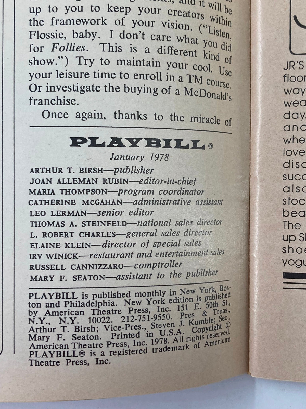 Details from the 1978 Playbill for Dracula at Martin Beck Theatre including editorial information and credits.