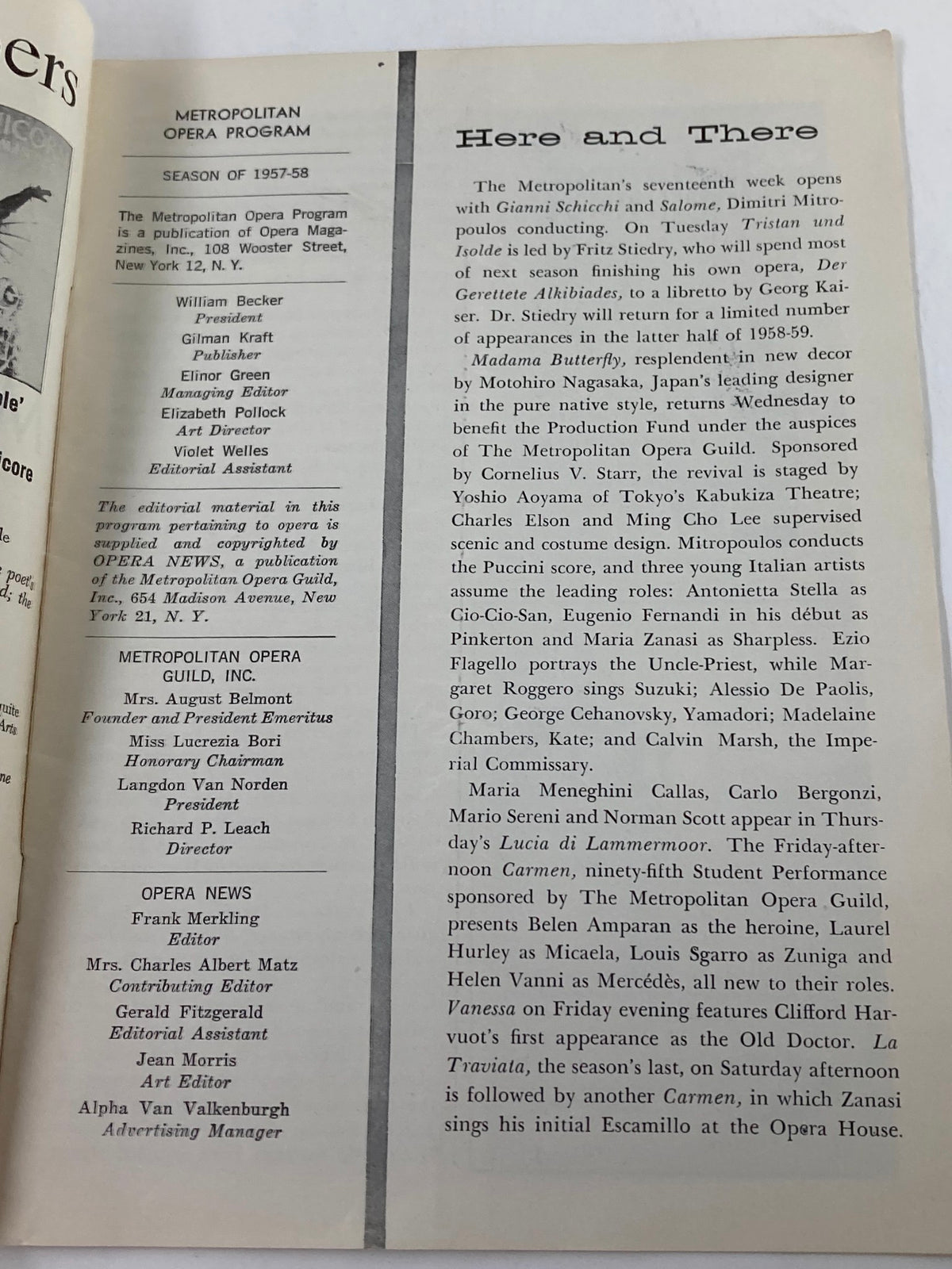 Inside page of the 1958 Metropolitan Opera Program, featuring the section titled 'Here and There,' detailing the season's performances, contributing to the rich cultural history of the opera featuring Blanche Thebom and Carlo Bergonzi in Carmen.