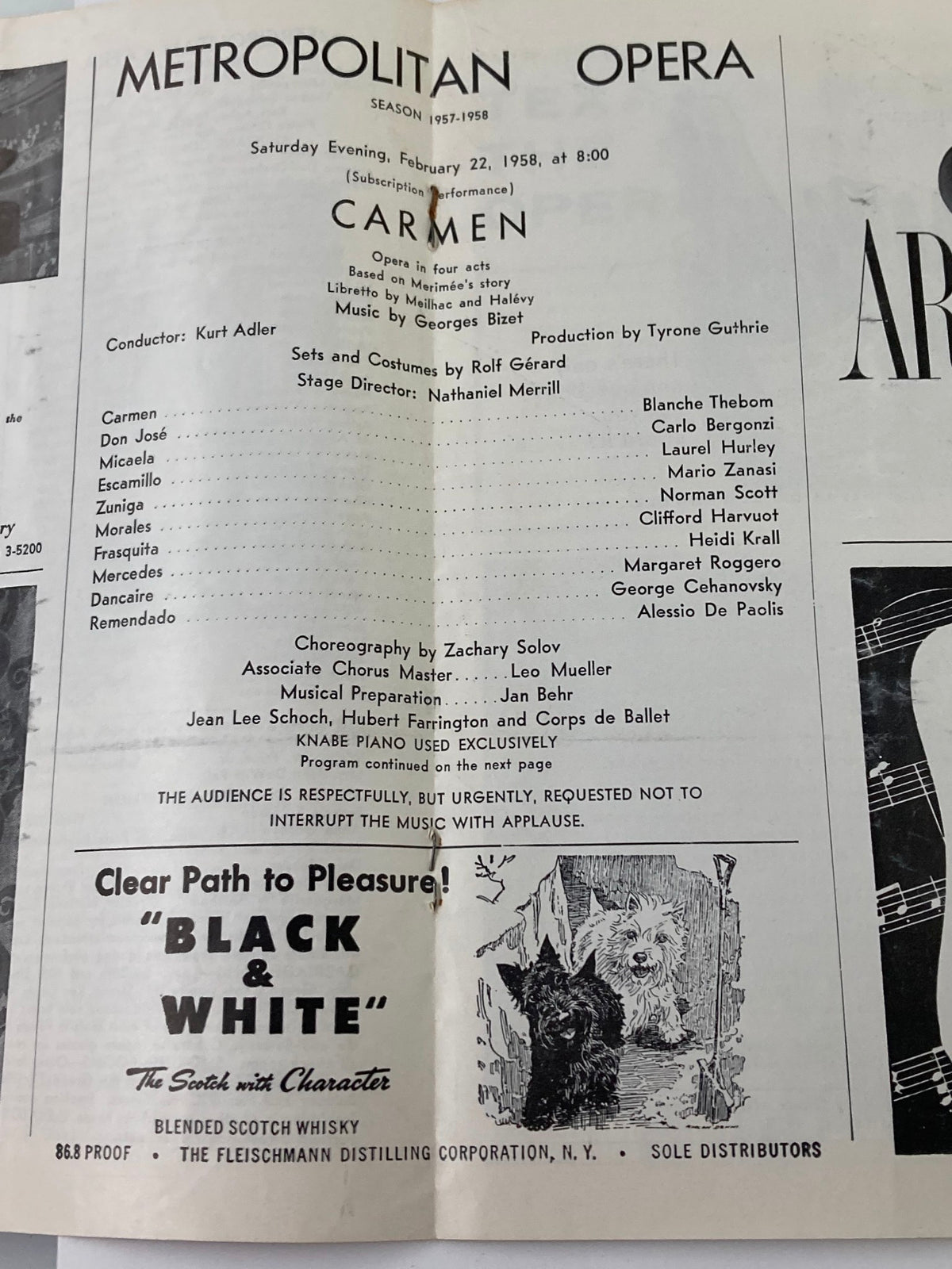 1958 Metropolitan Opera Program featuring Blanche Thebom and Carlo Bergonzi in Carmen, depicting the performance details and cast list for the show.