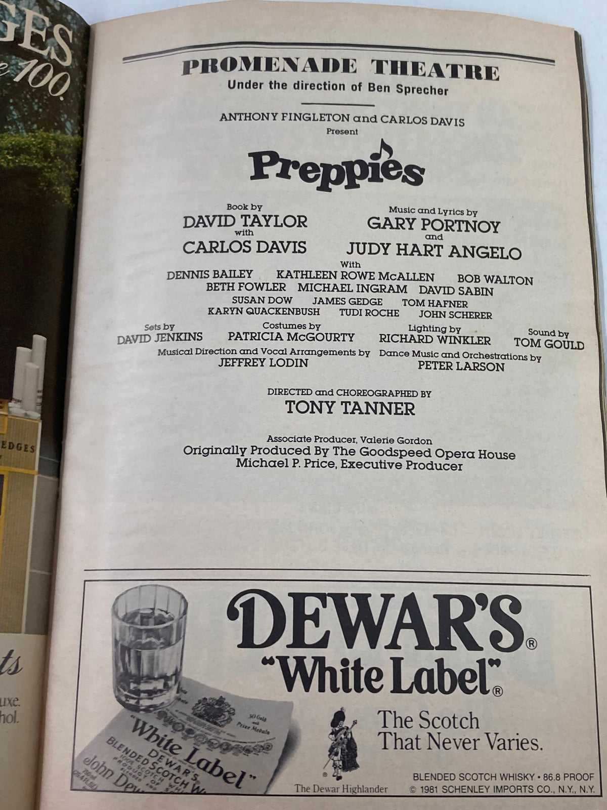 Interior page of the 1983 Showbill for 'Preppies' showcasing cast and production details from the Promenade Theatre.