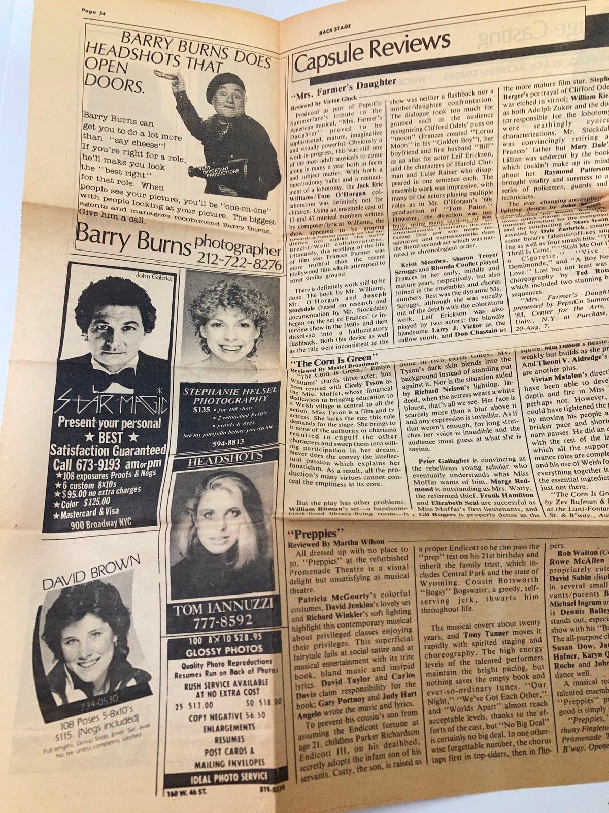 Advertisement and capsule review section of the August 1983 Showbill highlighting 'Preppies' and other theatrical productions.