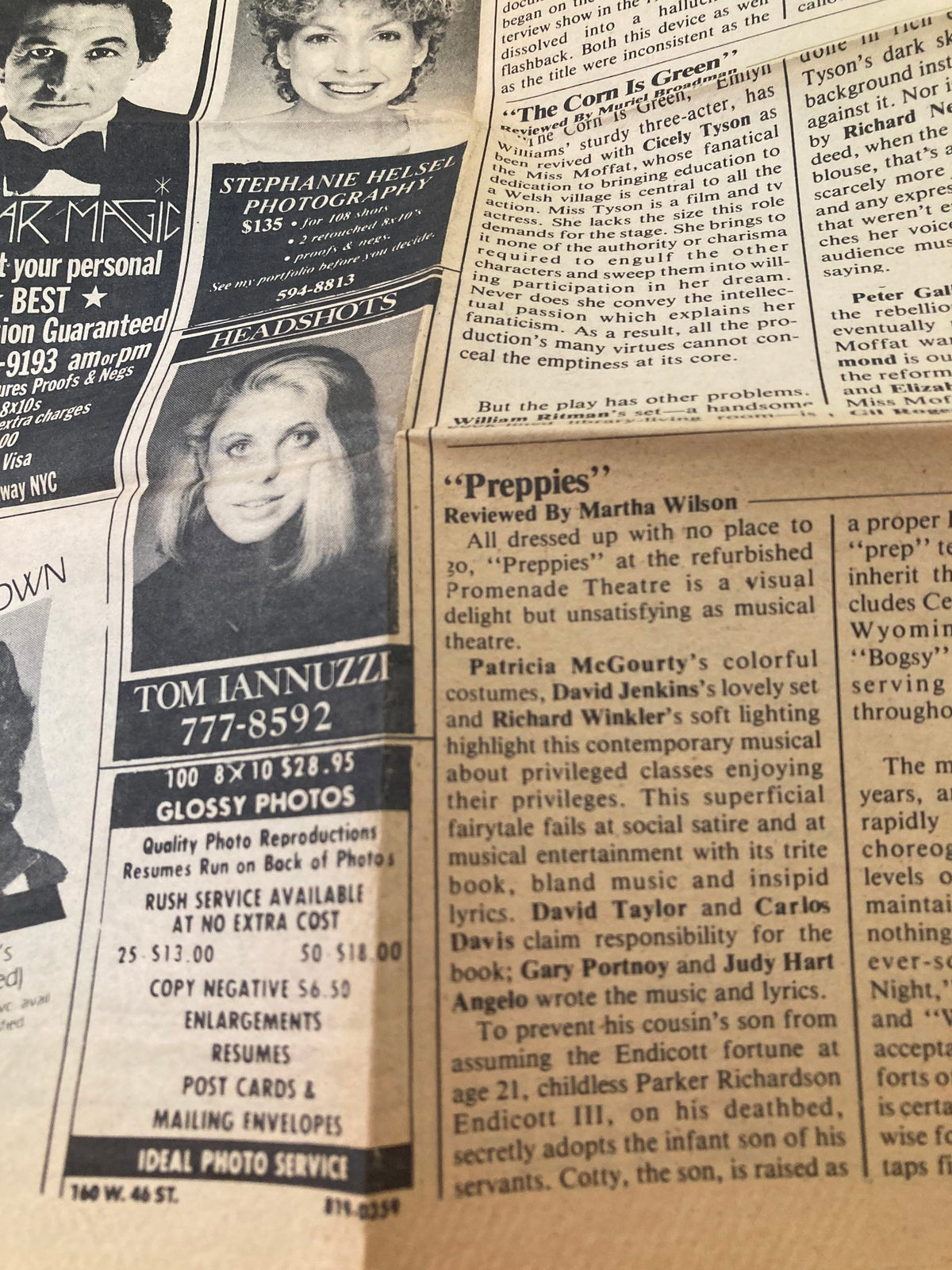 Closer view of the capsule review for 'Preppies' in the August 1983 Showbill, critiquing its performance at the Promenade Theatre.