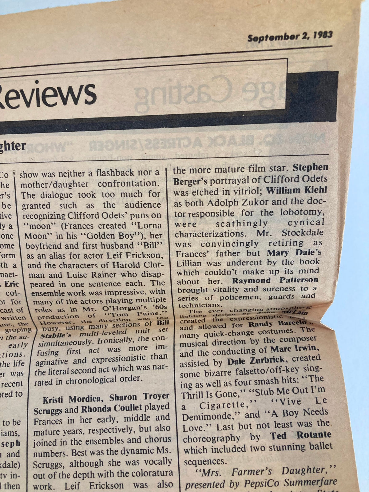 1983 Showbill Promenade Theatre featuring a review article about the production of 'Preppies' with mentions of cast members Kristi Mordica, Sharon Troyer Scruggs, and Rhonda Coulet from My Store.