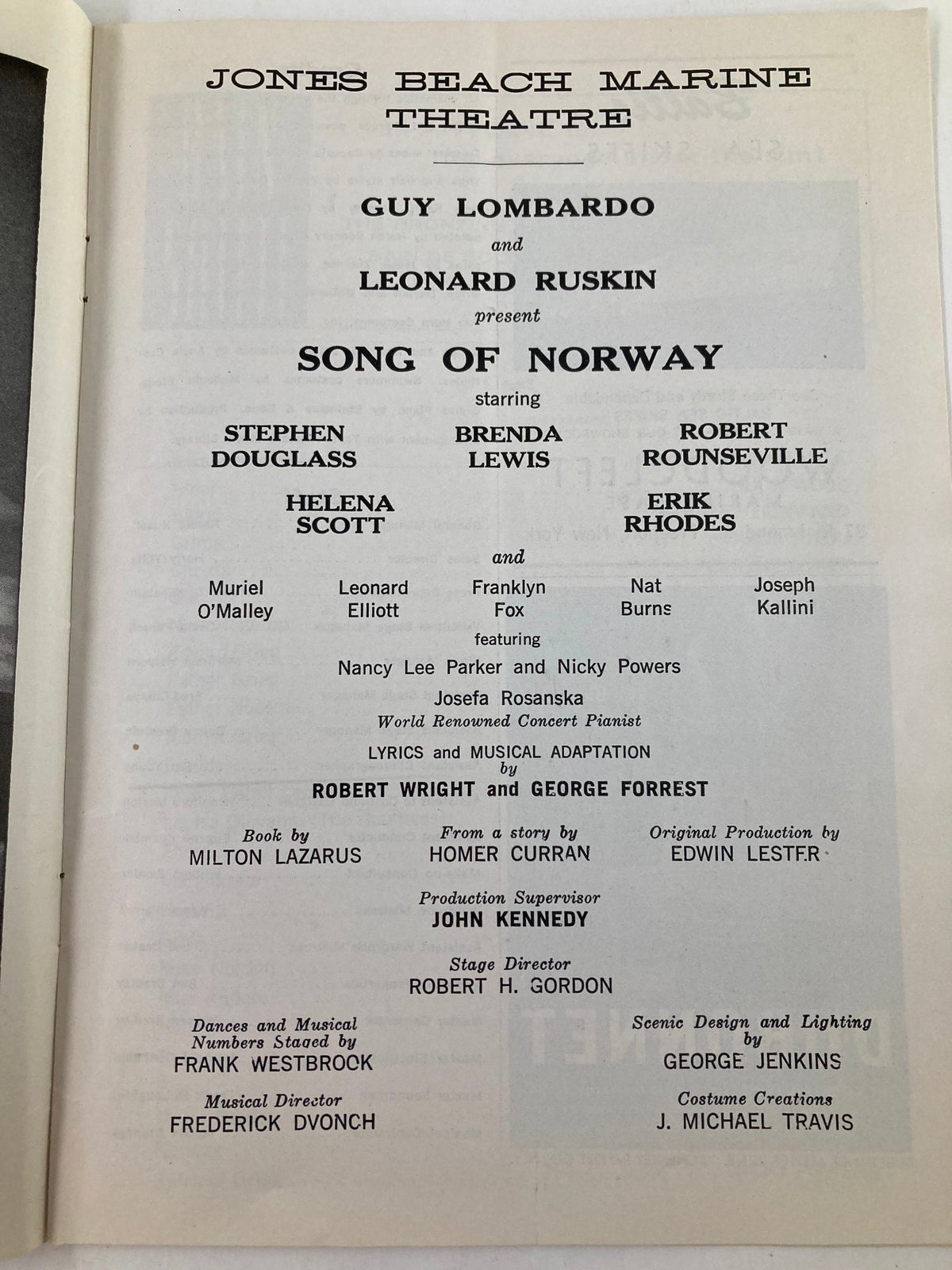 Inside page of the 1958 Jones Beach Marine Theatre Program for Song of Norway, listing the cast and production team including Guy Lombardo, highlighting the theatrical history and significance of the performance.