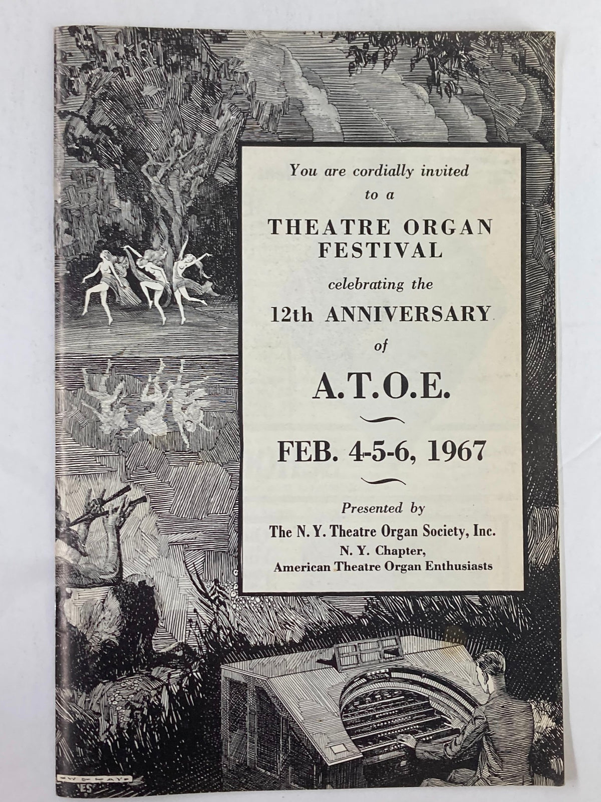 Theatre Organ Festival program cover from 1967 featuring invitation to celebrate the 12th anniversary of A.T.O.E. with artistic illustrations.