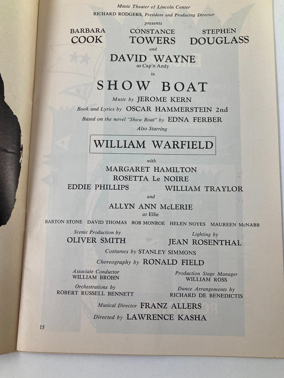 1966 Show Boat Playbill interior page listing cast members including Barbara Cook and David Wayne.