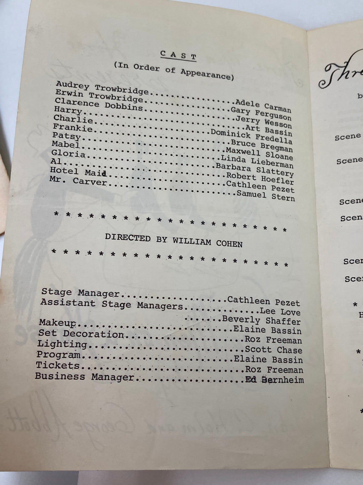 Inside page of the 1936 The Little Theatre Program listing the cast of Three Men On A Horse directed by William Cohen, featuring Adele Carman.