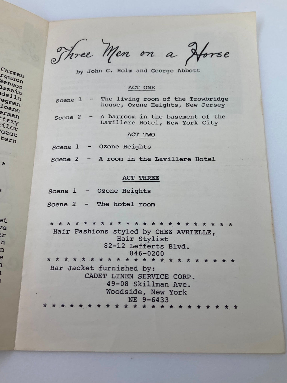 Inside details of the 1936 The Little Theatre Program outlining the acts of Three Men On A Horse by John C. Holm and George Abbott.