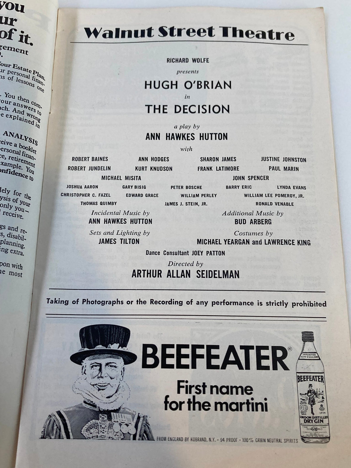 Inside page of 1976 Playbill from Walnut Street Theatre for 'The Decision', presenting cast members including Hugh O'Brian and Robert Baines.