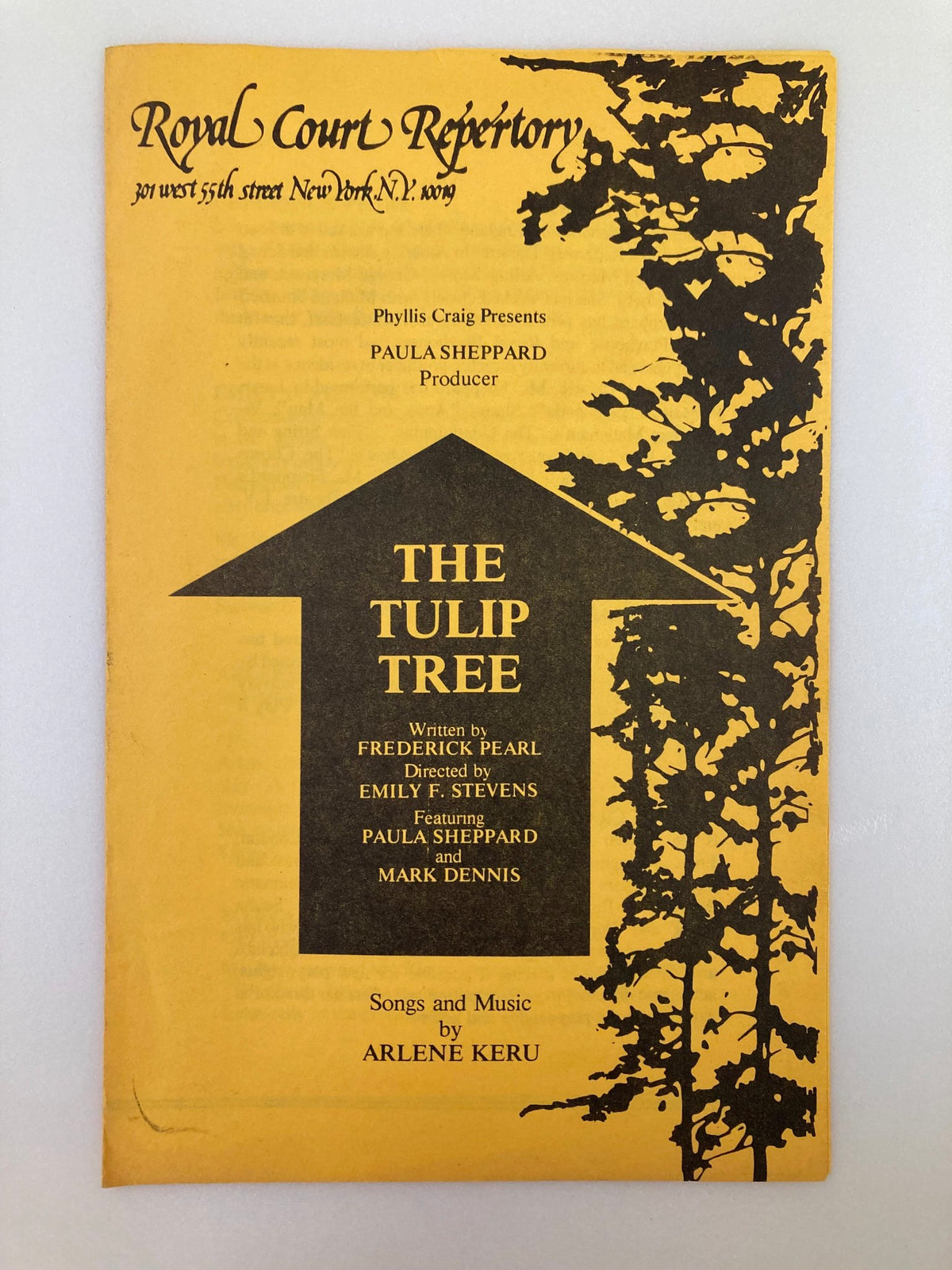 1963 Royal Court Repertory playbill for 'The Tulip Tree' featuring Frederick Pearl and Emily F. Stevens, showcasing a unique design with a silhouette of a tree.