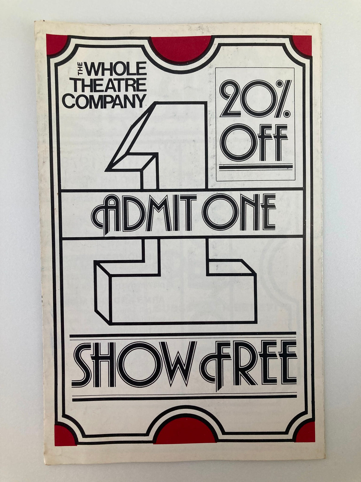 Promotional flyer for The Whole Theatre Company featuring a design with red and black accents, offering 20% off admission for the 1978-1979 season showcasing The Trojan Woman and The Homecoming.