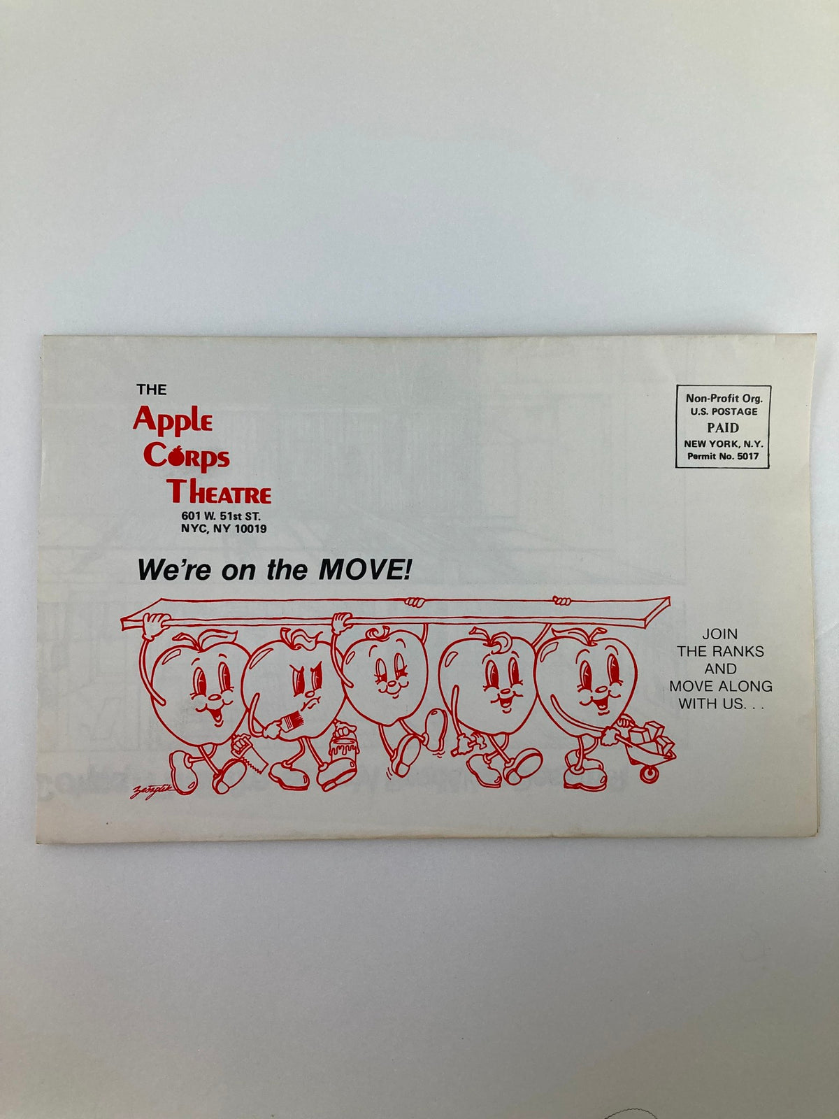 1983 Apple Corps Theatre Program David Karsten, Show Business in June Moon - Front cover illustration featuring cartoon hearts promoting theatre activities.
