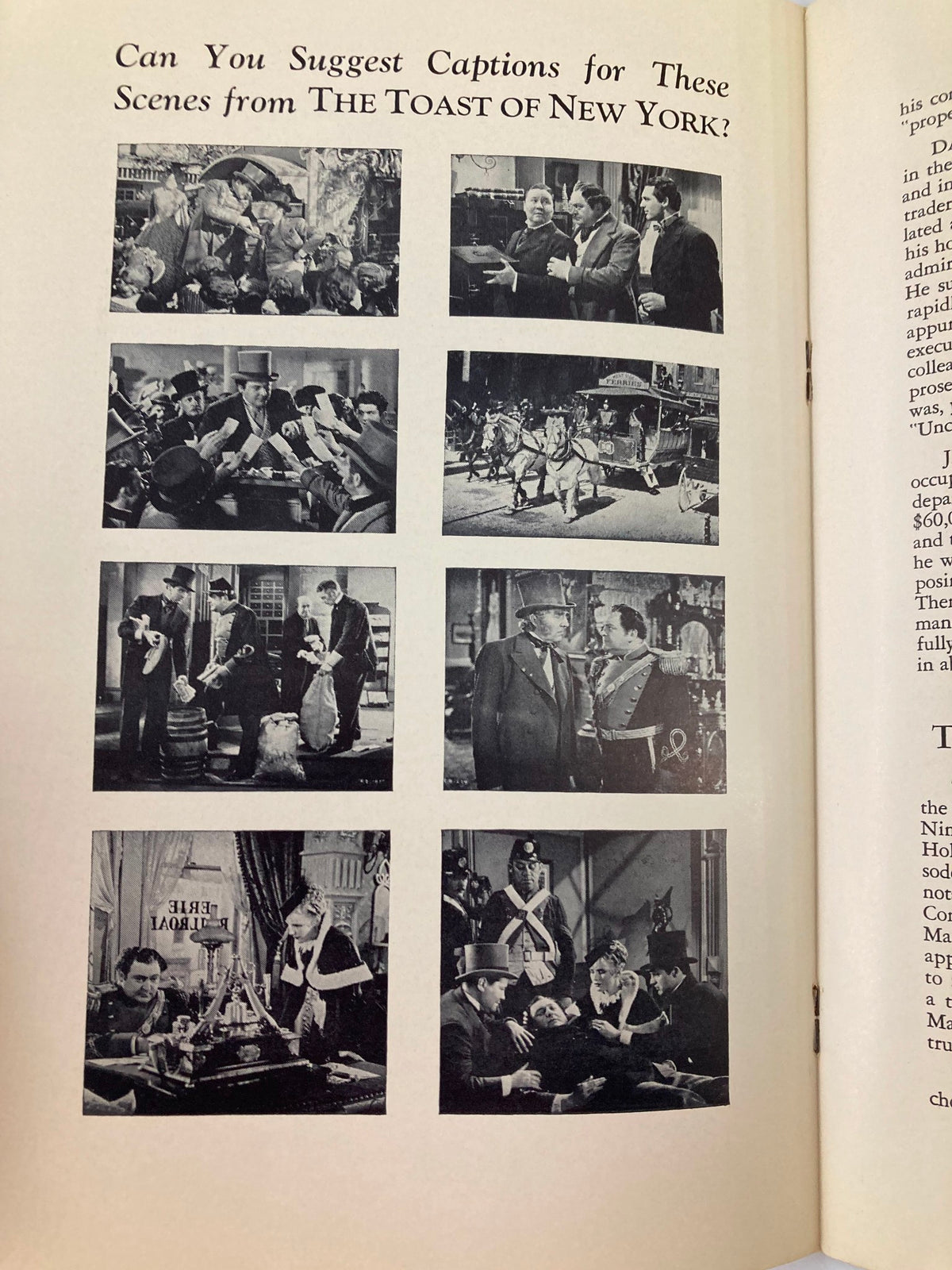 Scenes from 'The Toast of New York' featured in the 1937 Group Discussion Guide Program Vol 2 #4, showcasing moments of theatrical performances and historical depictions.