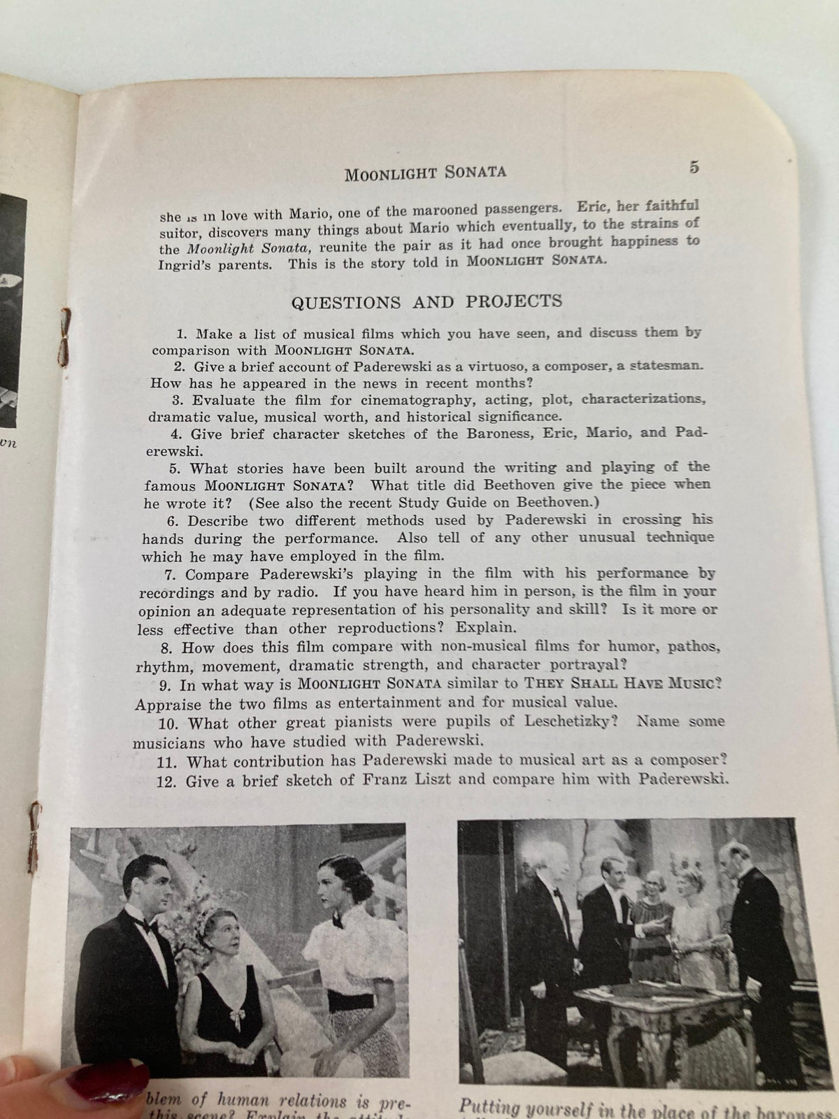 Interior page of 1939 Photoplay Studies Program Vol 5 #14, displaying questions and projects related to the Moonlight Sonata film, highlighting its educational content.