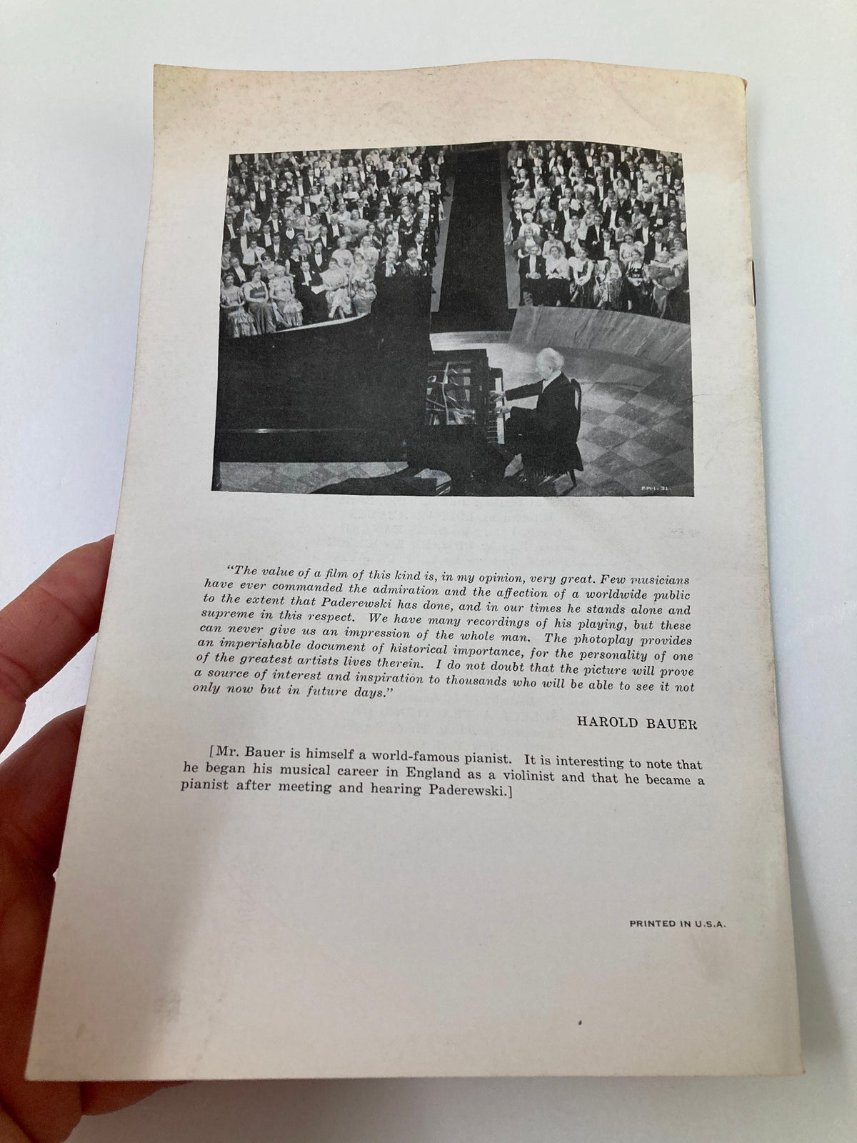 Back cover of 1939 Photoplay Studies Program Vol 5 #14 with a photograph and quote by Harold Bauer discussing the significance of Paderewski's performance, reflecting the magazine's focus on musical history.
