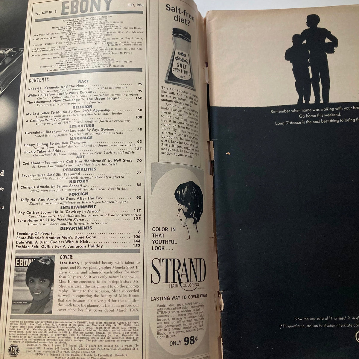 Interior page of VTG Ebony Magazine July 1968 showing the table of contents and advertisements featuring cultural references from the era.