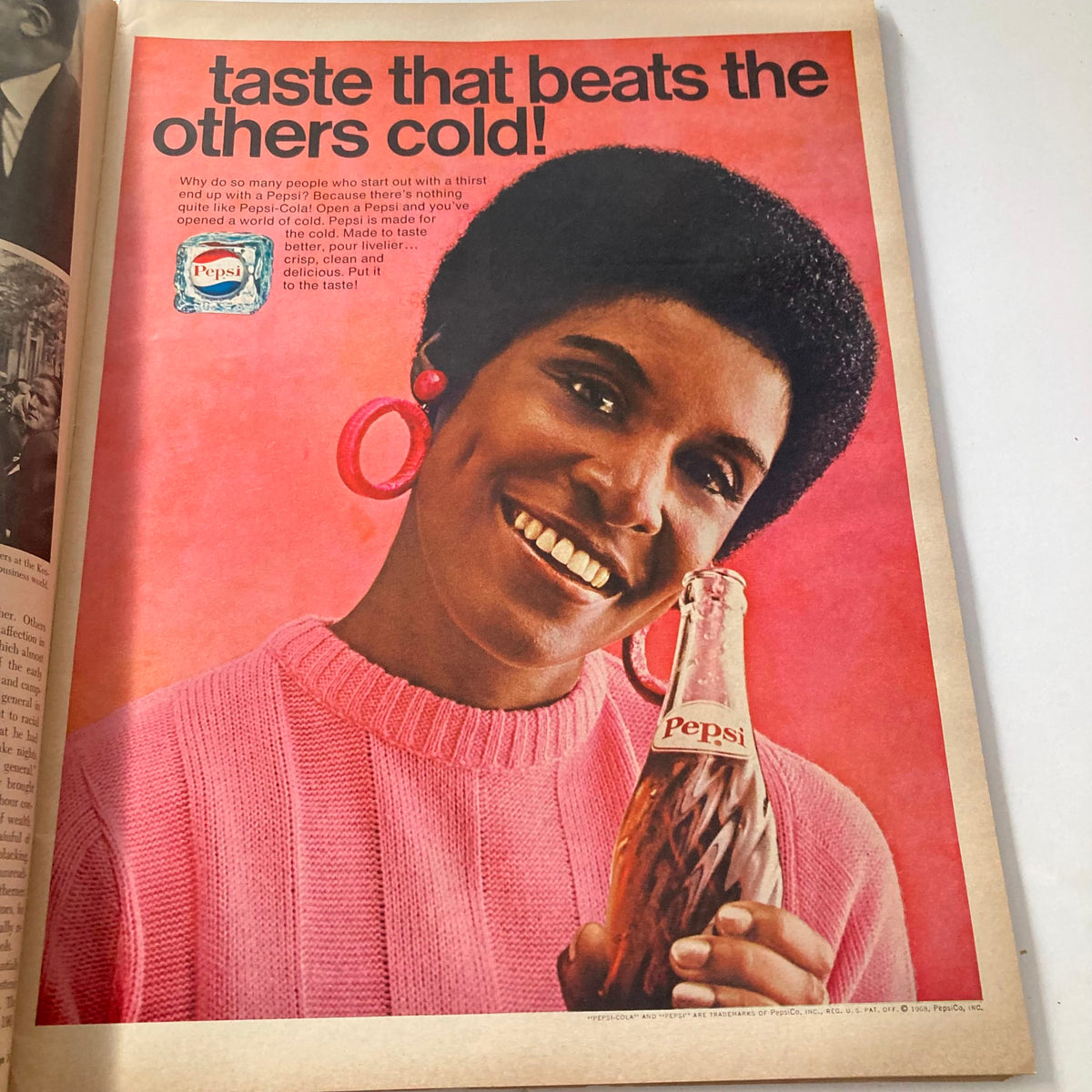 Advertisement from VTG Ebony Magazine July 1968 showcasing a woman enjoying a Pepsi, promoting its refreshing taste. Issue title: VTG Ebony Magazine July 1968 Vol 23 No. 9 Lena Horne at 51 & The Ghetto.