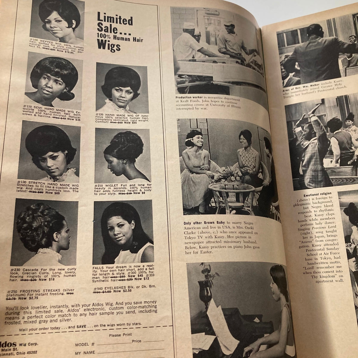 Page from VTG Ebony Magazine July 1968 displaying various 100% human hair wigs for sale, highlighting beauty trends of the era. Issue title: VTG Ebony Magazine July 1968 Vol 23 No. 9 Lena Horne at 51 & The Ghetto.