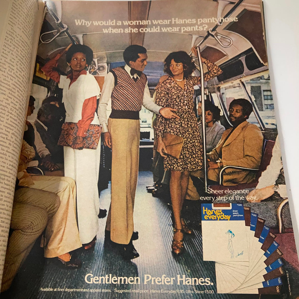 A colorful advertisement from the April 1974 issue of Ebony Magazine showcasing a stylish couple on a bus, promoting Hanes pants.