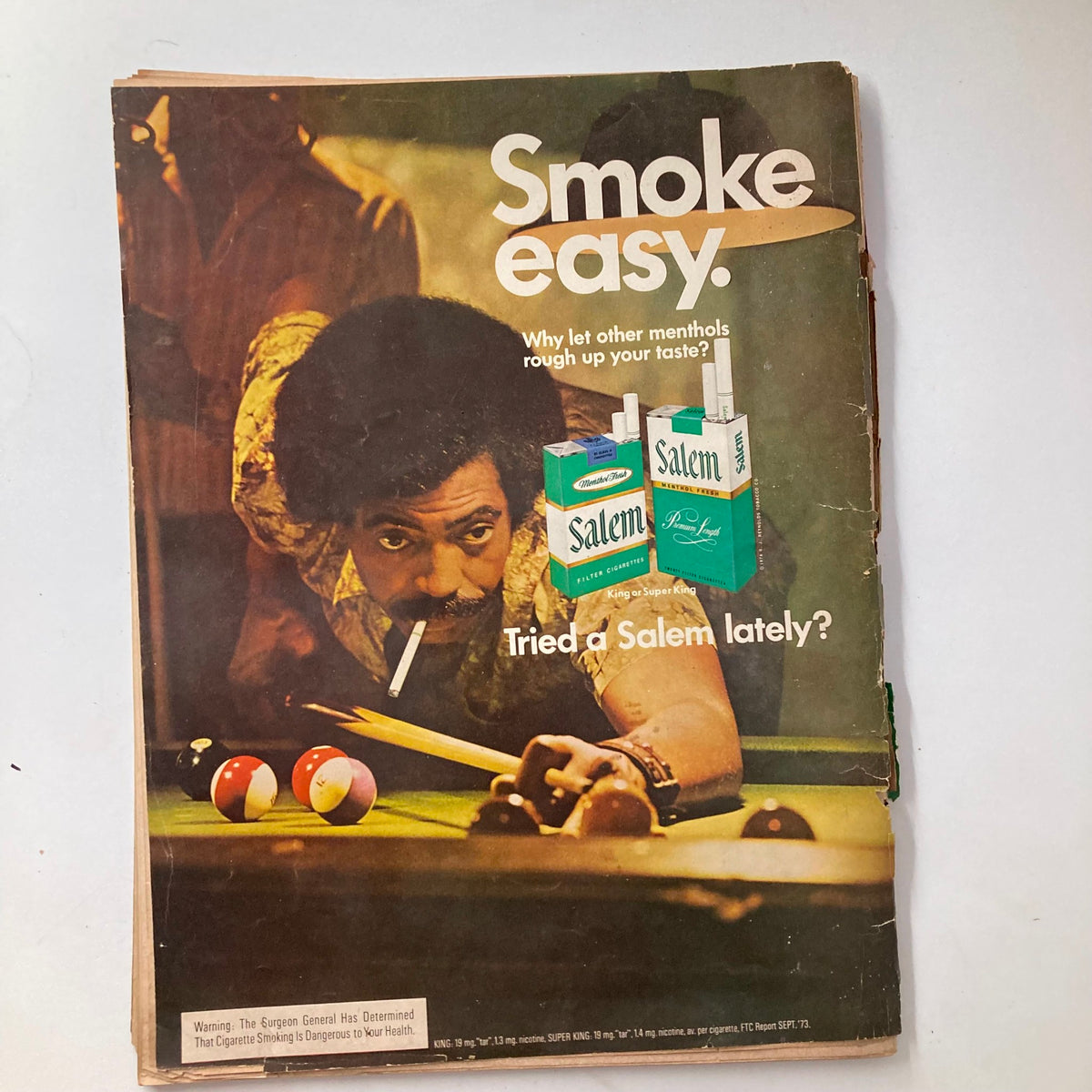 VTG Ebony Magazine April 1974 cover featuring a man playing pool while smoking, promoting Salem cigarettes with the text 'Smoke easy. Tried a Salem lately?'