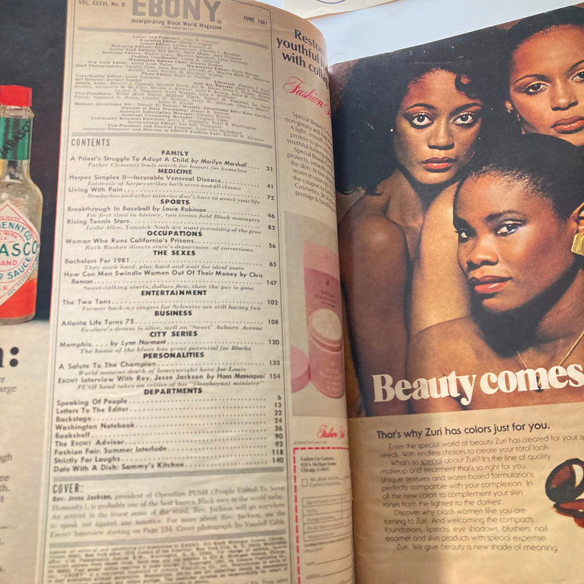 Interior page from VTG Ebony Magazine June 1981 displaying table of contents, featuring articles on various topics including beauty, family, and sports.