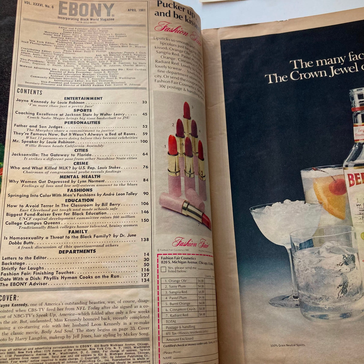 Interior page of Ebony Magazine April 1981 displaying the contents page with articles including Jayne Kennedy and various topics, alongside a colorful lipstick advertisement.