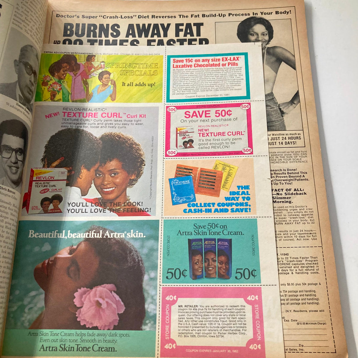 Advertising page from Ebony Magazine April 1981 with promotional images for beauty products, showcasing women with curly hairstyles and product offers for skin and hair care.