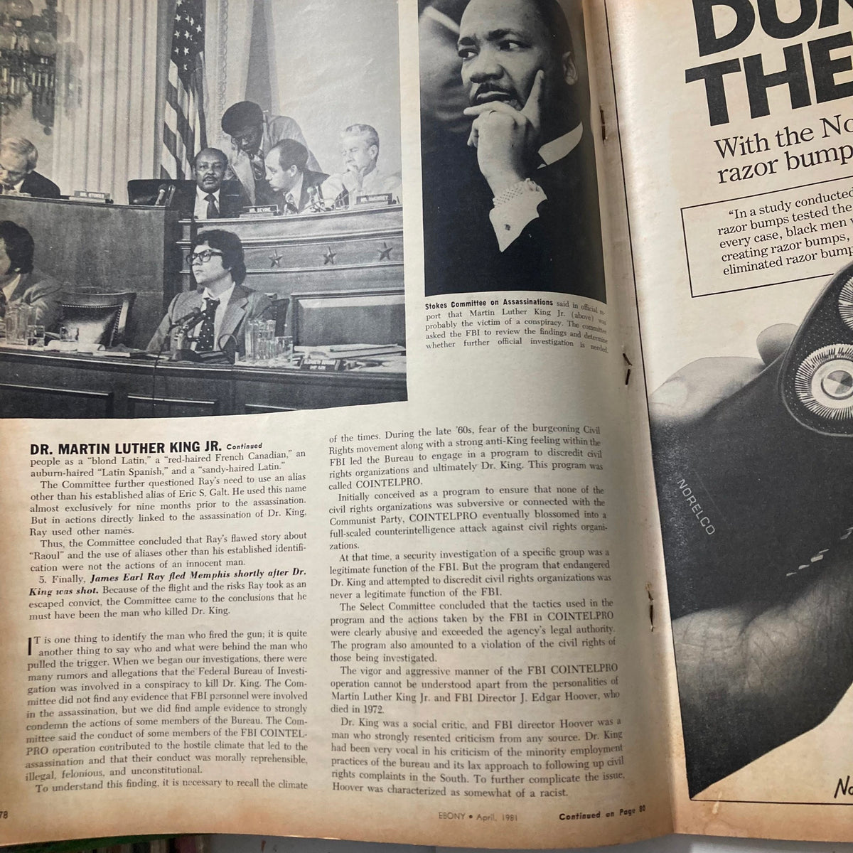 Ebony Magazine April 1981 featuring Dr. Martin Luther King Jr. discussing the Stokes Committee on Assassinations, showcasing well-preserved pages in good condition.