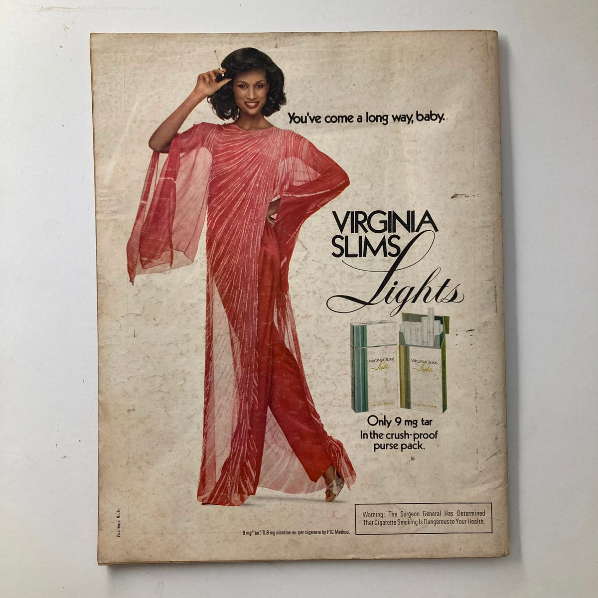 VTG Ebony Magazine January 1981 featuring Billy Dee Williams on the cover. The image shows a vintage magazine ad for Virginia Slims Lights with a model wearing a flowing red gown, promoting the phrase 'You've come a long way, baby.'