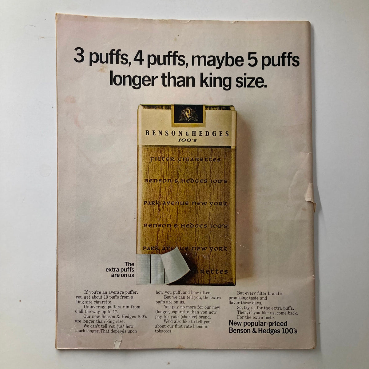 Back cover of the Saturday Evening Post Magazine, September 24, 1966, displaying an advertisement for Benson & Hedges cigarettes with a prominent bold message.