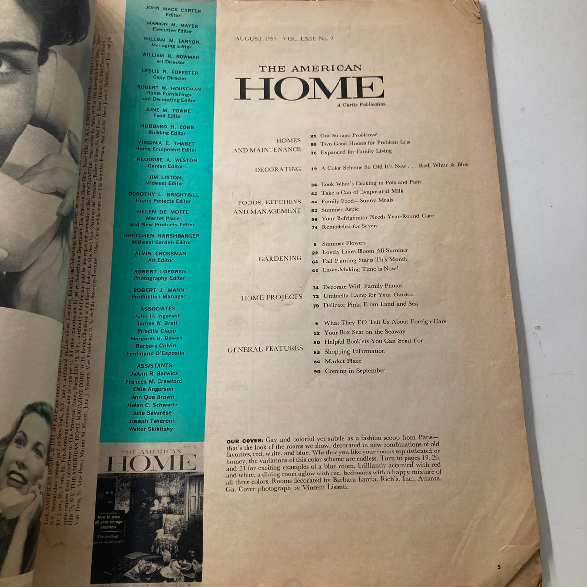 Table of contents from VTG The American Home Magazine August 1959, outlining various sections including homes, maintenance, and recipes, reflecting mid-century trends.