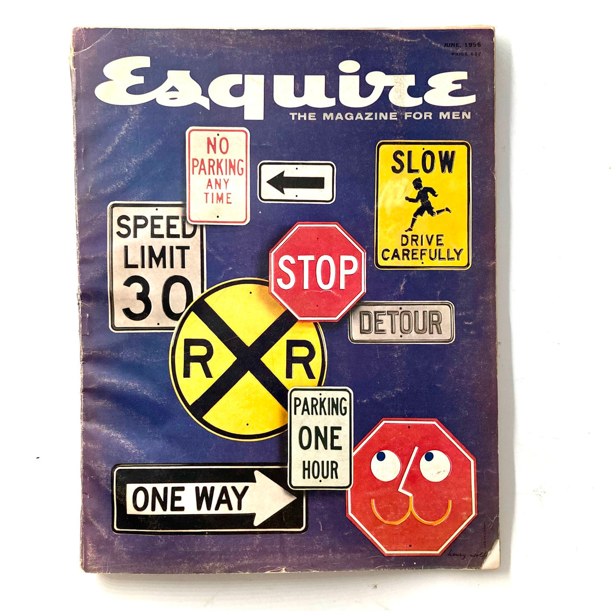 Cover of VTG Esquire Magazine June 1956 featuring various road signs and bold title, Volume 45, Issue 6, known as Gasoline Album British No Label.